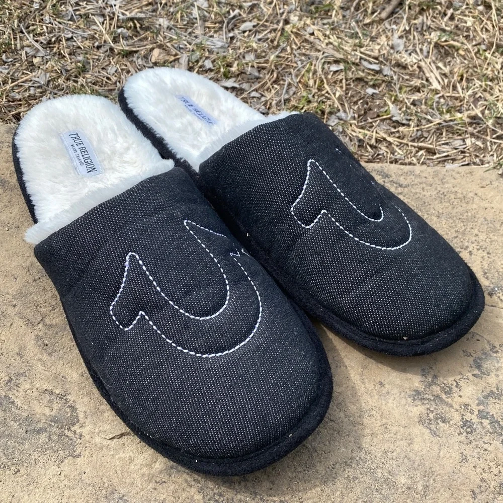 True Religion black denim slippers mens 9/10 faux fur soft comfy loungewear